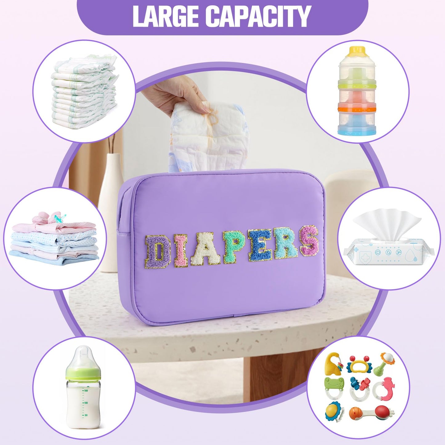 Portable Small Diaper Bag, Chenille Letter Diaper Caddy Organizer Pouch Newborn Baby Essentials Must Haves for Nursery Changing Table, Purple Waterproof Diaper Pail Baby Shower Gifts for Mom To Be