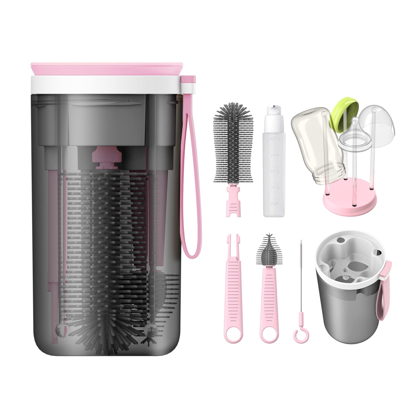 YOTIME Travel Baby Bottle Brush Set with Portable Silicone Bottle Brush, Nipple Cleaner Brush, Straw Brush, Soap Dispenser and Bottle Drying Rack, Yellow