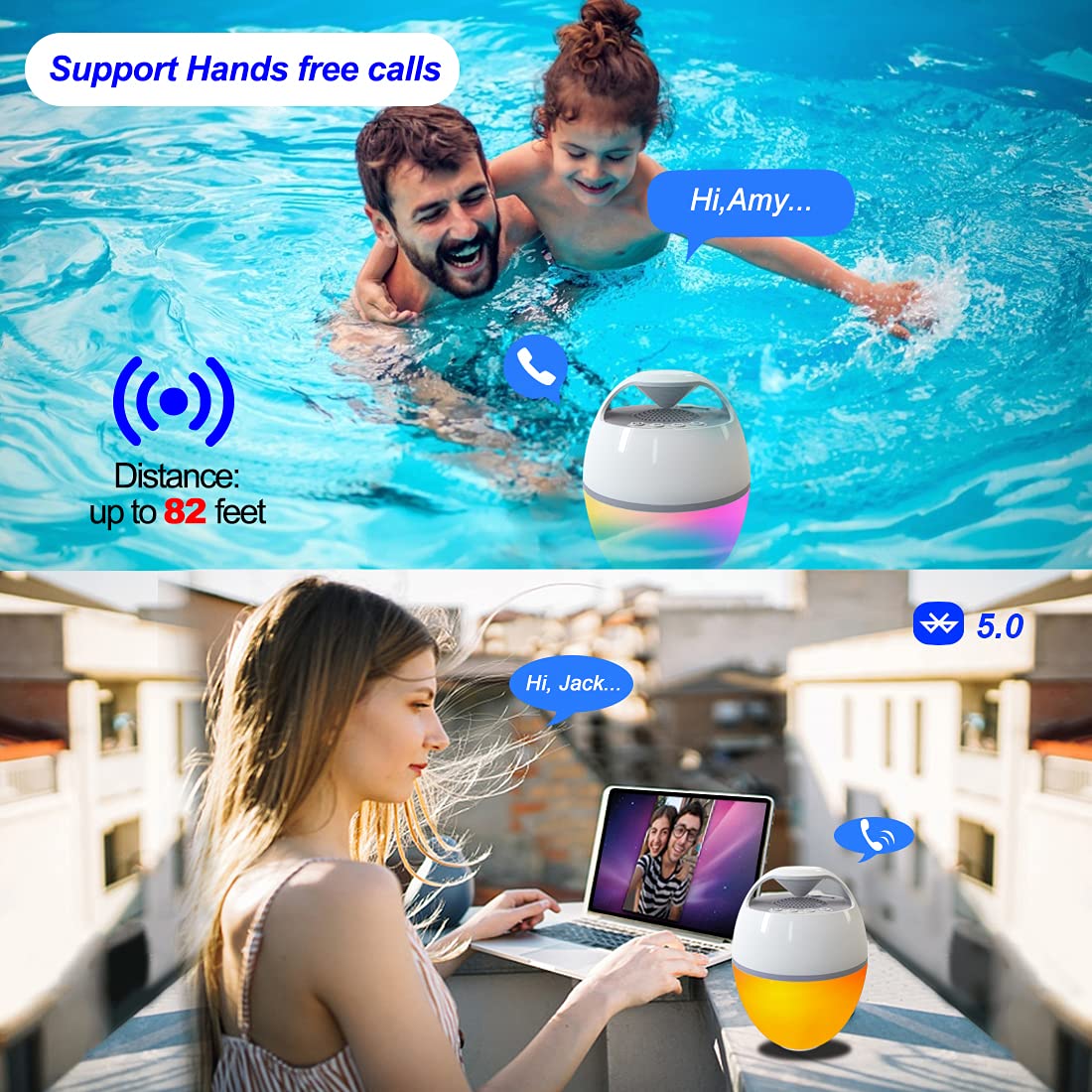 Blufree Floating Pool Speaker With Lights, Portable Bluetooth IP68 Waterproof Hot Tub Speaker for Outdoor Sports Home Party, Louder Volume, Rich Bass, Mic, 82 ft Wireless Range