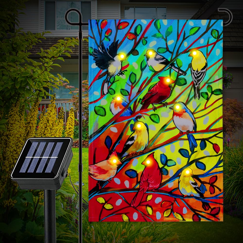 YMYIELD Lighted Tree Birds Garden Flags 12x18 Double Sided Solar LED Flashing Yard Flag for Lawn Outdoor Patio Decorations (Stand Not Included)