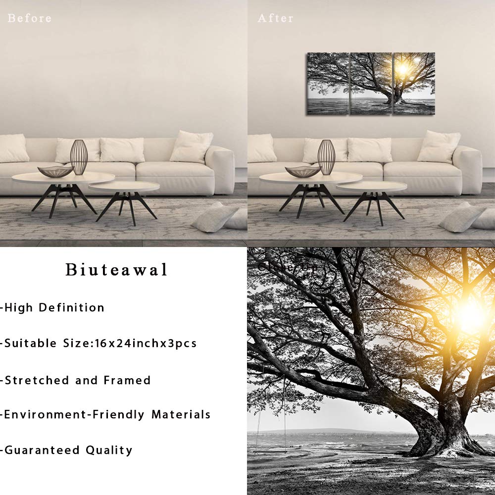 Biuteawal 3 Piece Wall Art Black White Tree at Warm Sunrise Landscape Picture Photo Canvas Prints Nature Tree of Life Painting for Home Office Living Room Decor Stretched and Framed Ready to Hang