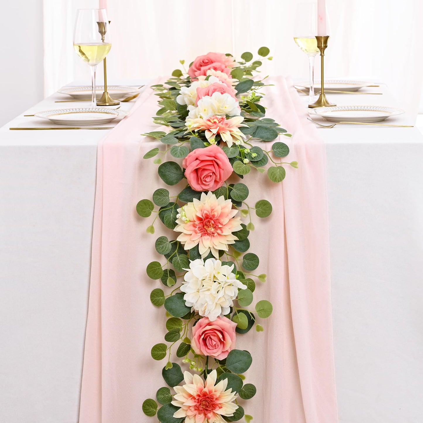 Yastouay 6 Ft Flower Garland with Lights, Pink Rose Floral Garland Fake Flowers for Wedding Arch Party Tables Backdrop Decor