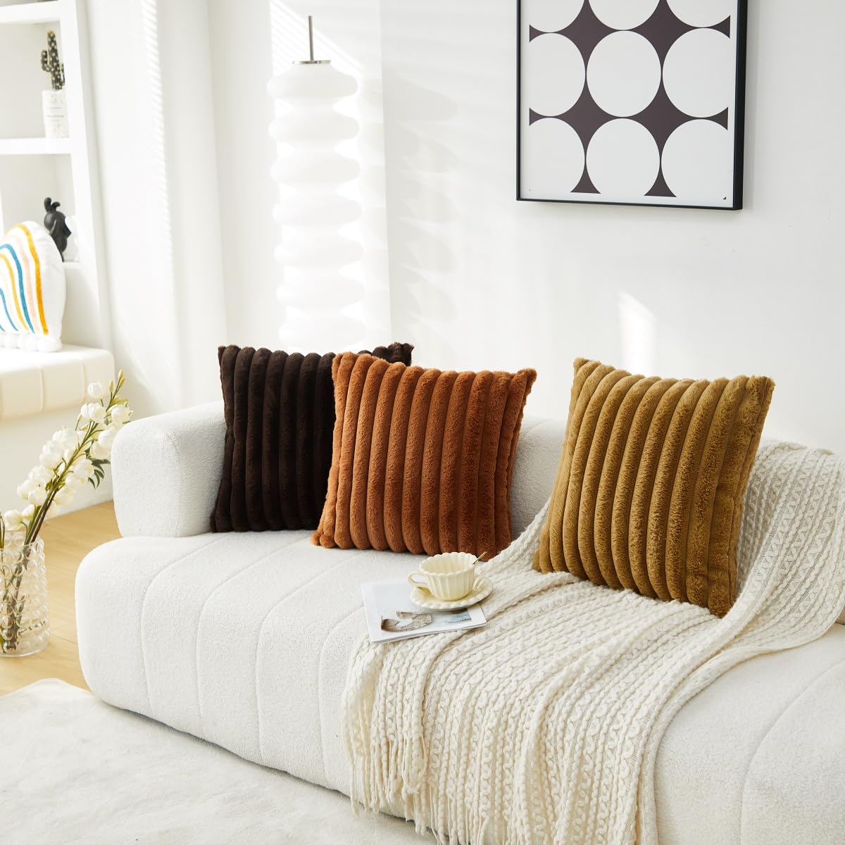 Sunday Praise Double-Sided Faux Fur Plush Throw Pillow Covers 18x18 Inch Set of 2 Dark Brown Striped Decorative Pillow Cases Soft Luxury Cushion Cases for Couch Sofa Living Room Décor