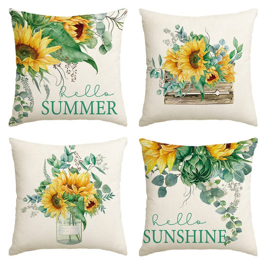 AVOIN Watercolor Sunflower Throw Pillow Cover, 18 x 18 Inch Eucalyptus Leaves Summer Holiday Party Cushion Case for Sofa Couch Set of 4