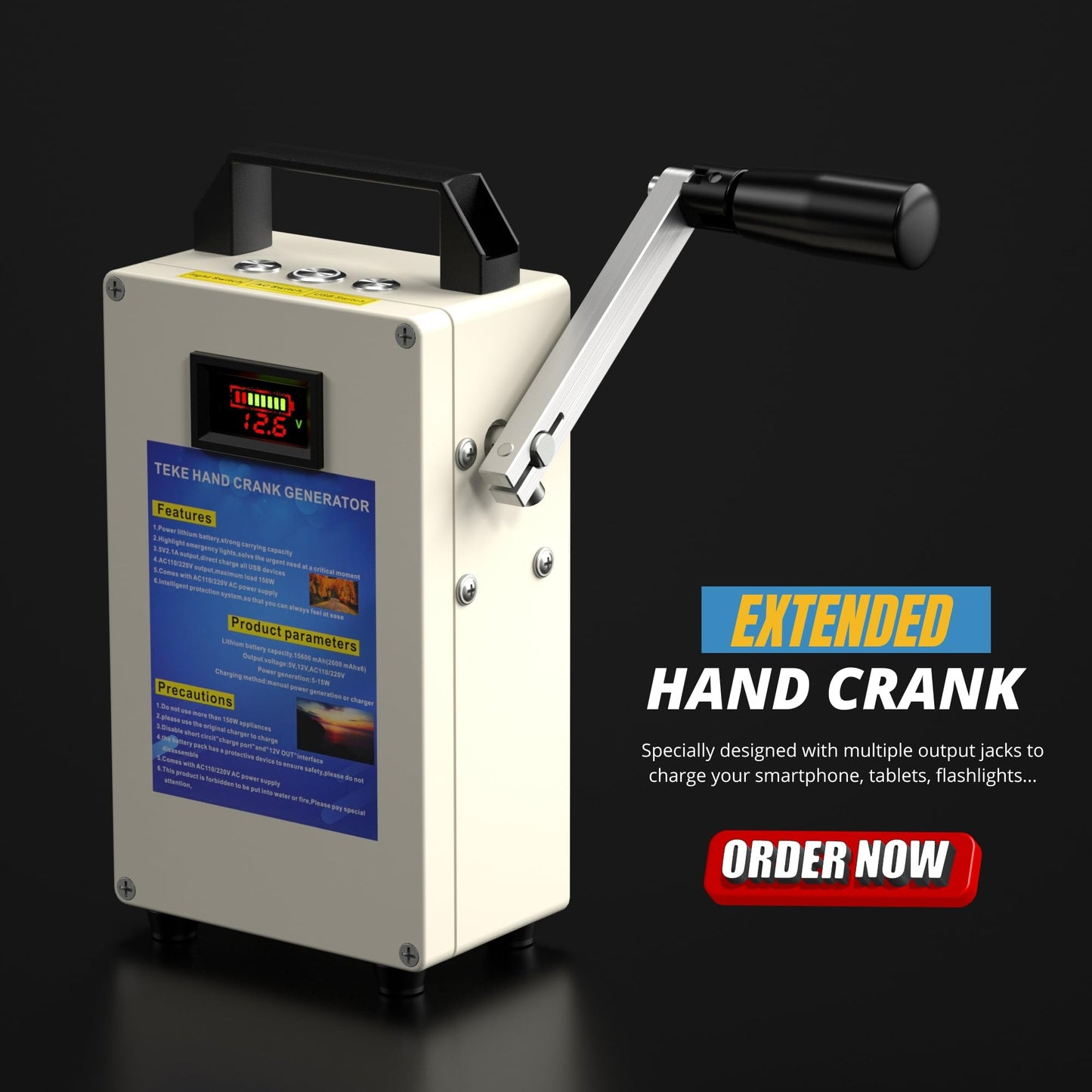 150W Hand Crank Generator, Portable Power Station w/Folding Handle, Aluminum Alloy Small Inverter Generator Rechargeable for Home Camping Outdoor Smartphone Charger