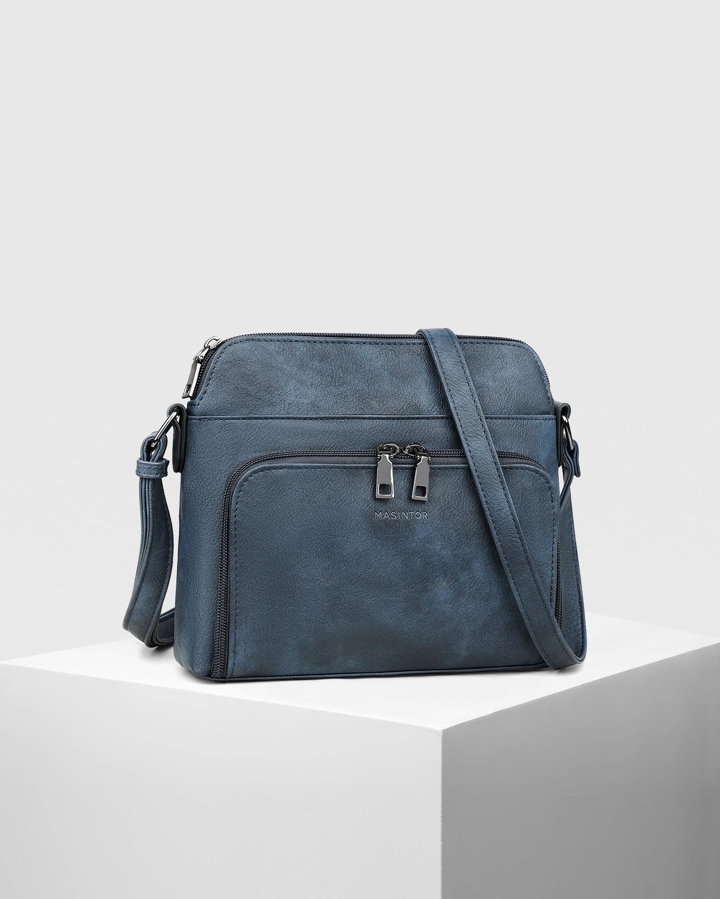 MASINTOR Crossbody Purse Bags for Women, Multi-Pocket Soft Leather Shoulder Purse, Lightweight Travel Handbag with Adjustable Strap Gray-Blue