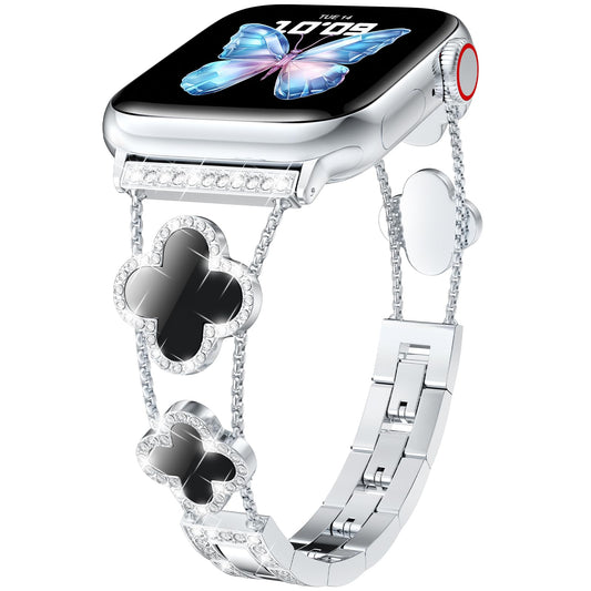 CTYBB Bling Diamond Band Compatible with Apple Watch Bands for Women 40mm 41mm 38mm 42mm Series 10 9 8 7 6 5 4 3 2 1 SE, Sparkle Metal Bracelet Wristband, Cute Lucky Clover Dressy iWatch Band,Silver/Black