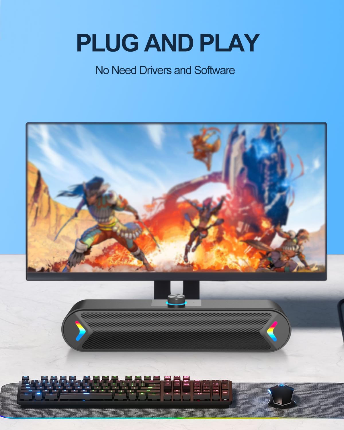 LENRUE Computer Speakers,Wired USB-Powered Sound-bar with 10W Stereo Sound for PC Desktop,Plug-n-Play (A39PRO /Black)