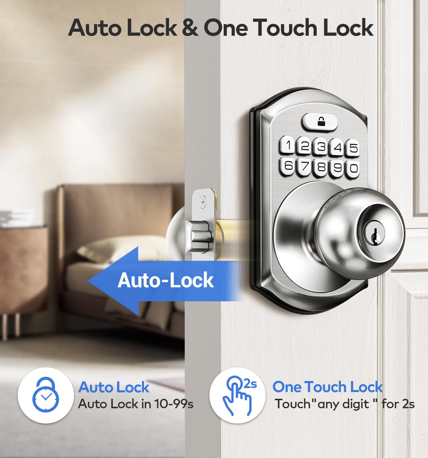 TEEHO Keyless Entry Keypad Door Lock with Handle, Electronic Digital Smart Locks for Front Door, Easy to Install Keypad Deadbolt with Code for Bedroom, Anti-Peeping Password - Nickel