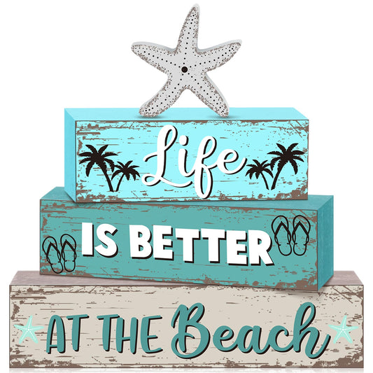 Geelin 4 Pcs Summer Table Decorations Ocean Life Better Wooden Block Signs Beach Theme Starfish Palm Slipper Tabletop Centerpieces Farmhouse Tiered Tray Decor for Home Table Kitchen Shelf