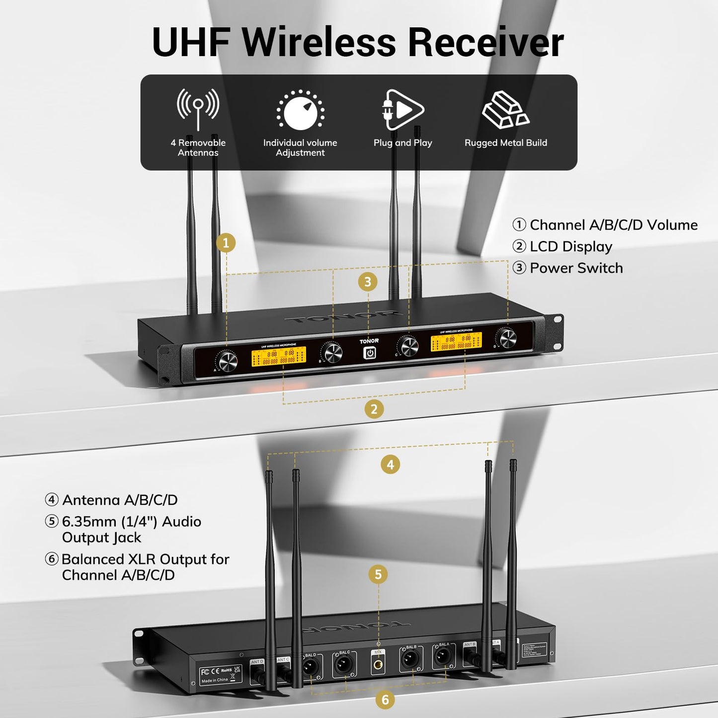 TONOR Wireless Microphones System with 4x10 Channels Dynamic Handheld Mics 4 Antennas for 295FT Long Distance Mic with Adjustable Frequencies Auto Connect for Singing Party Church Karaoke, Silver&Red