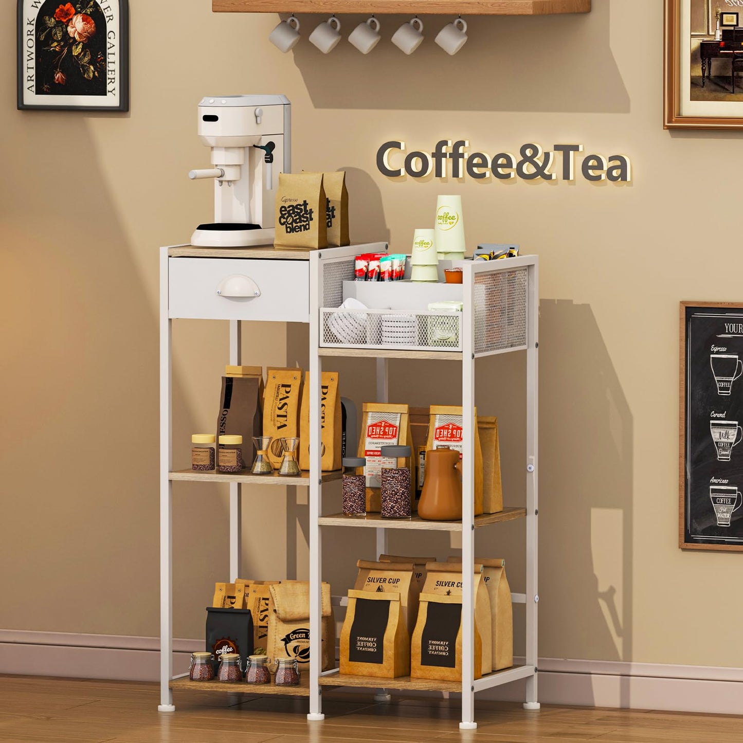 Coffee Bar Station with Drawer, 6 Tier Coffee Table with Dividers for Organizing, 3 Tier White Storage Stand for Living Room/Kitchen/Bathroom
