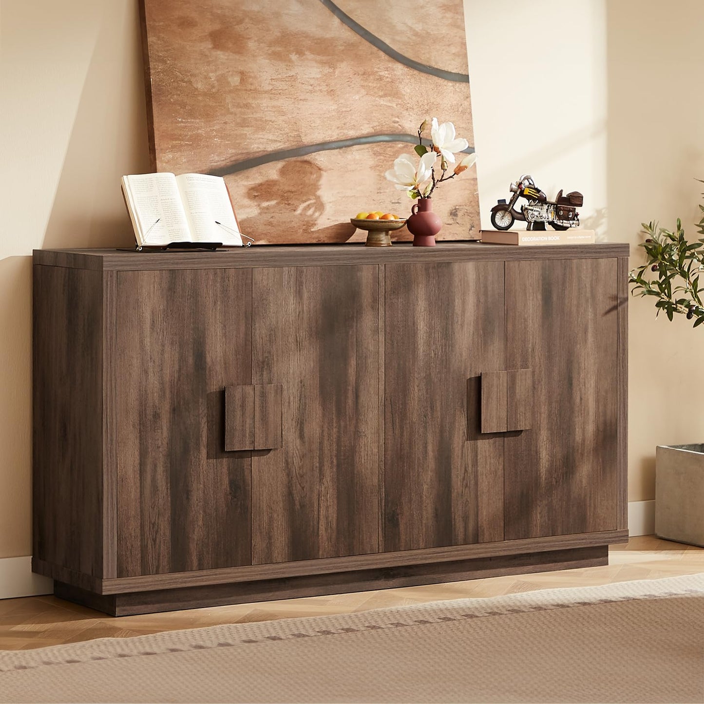 Lefurture 63 Inch Long Buffet Cabinet with Storage, Farmhouse Woodgrain Sideboard Modern Credenza with Doors & Shelves, Mid Century Coffee Bar Wine Bar Storage Cabinet for Living Room, Hallway