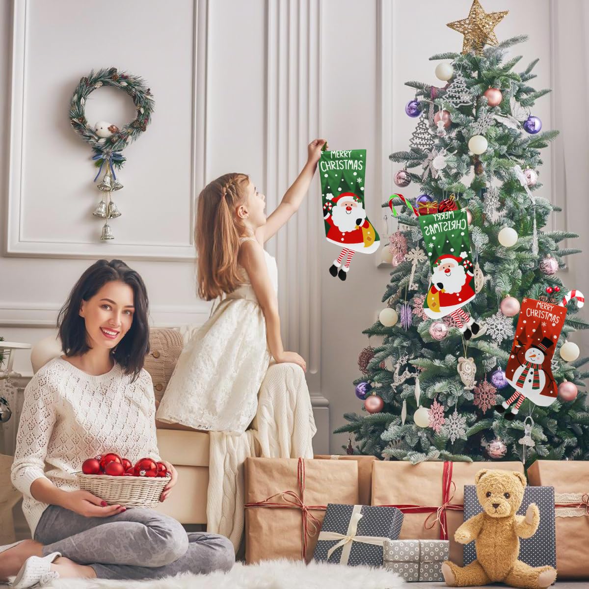 PJHAJH 2 Pack 2025 New Personalized Christmas Stocking 18" Large Christmas Santa Claus & Snowman Stocking Custom Christmas Stocking Holiday Party Decoration Stocking for Christams Decor,Holiday