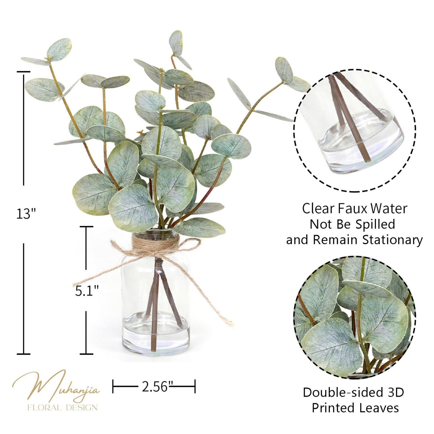 Muhanjia Artificial Eucalyptus Stems in Glass Vase with Faux Water,3Pcs Fake Plant with Double-Sided Green Leaves for Centerpiece(Double-Sided Green Eucalyptus)