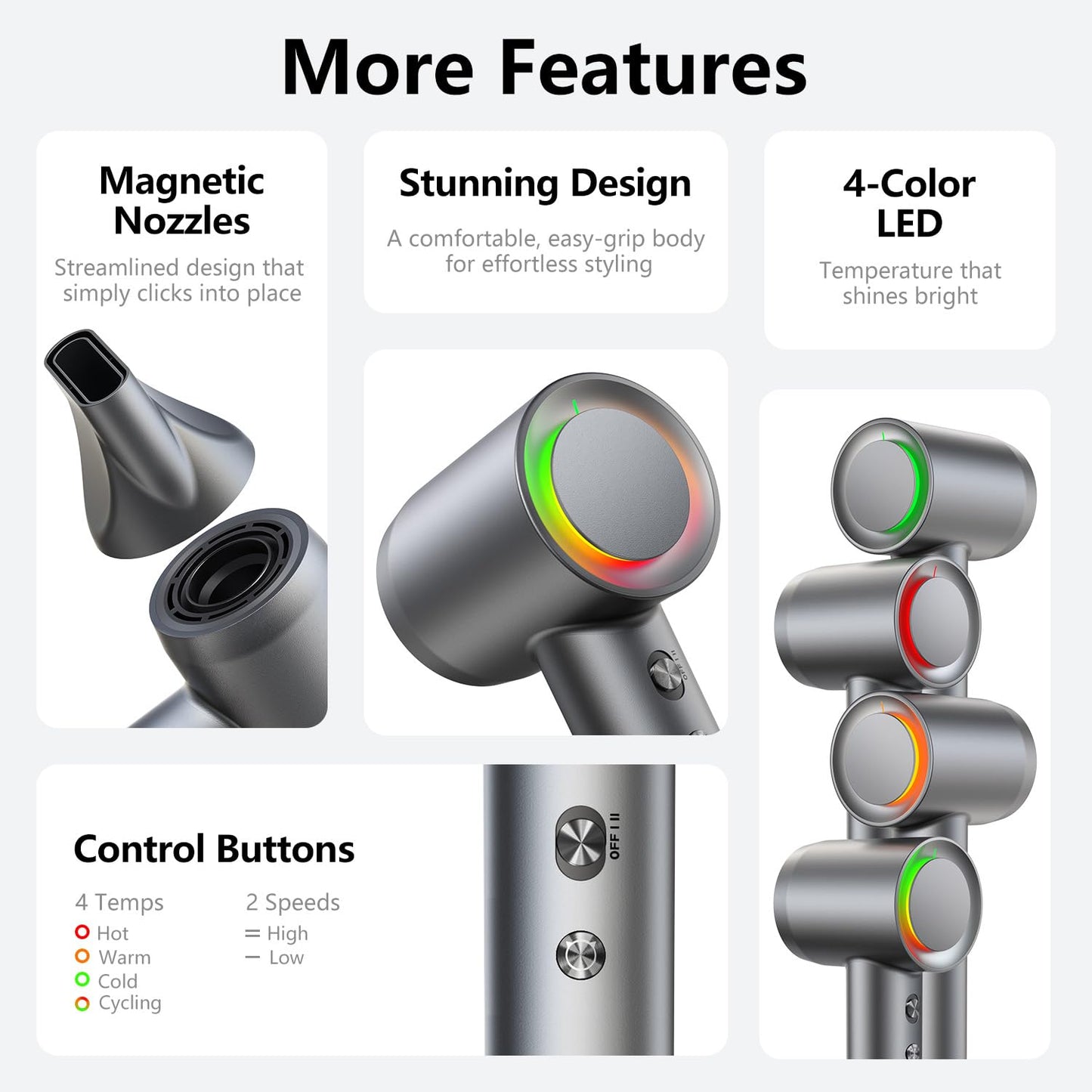 High-Speed Hair Dryer - 3 Min Fast Drying, Salon-Grade Blow Dryer with 500 Million Negative Ions, No Heat Damage, Low Noise, Lightweight, Professional Hairdryer with Diffuser & Nozzle, Gunmetal