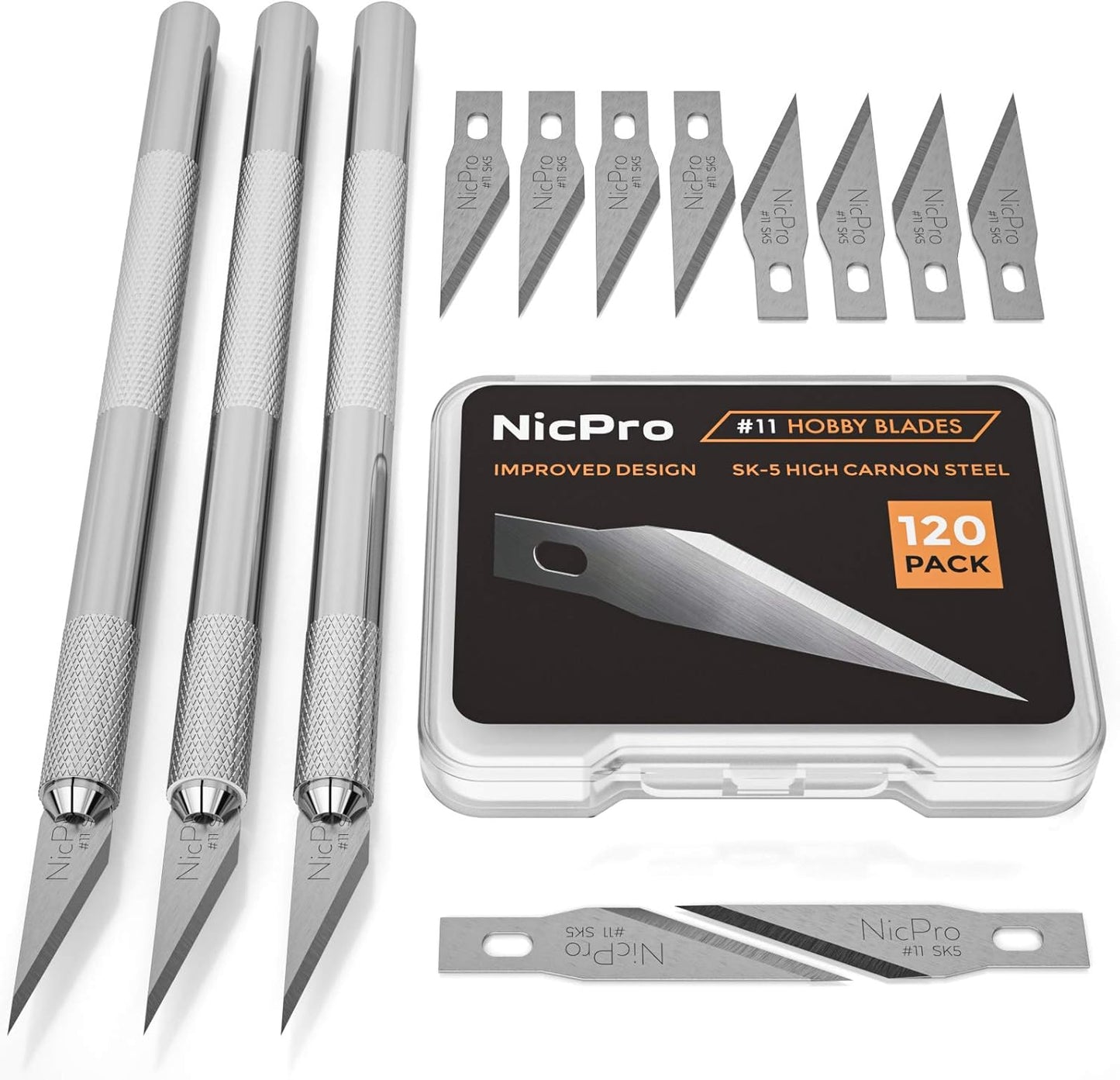 Nicpro 123 PCS Hobby Knife Set, 3 PCS Carving Craft Knife with 120 PCS SK-5 Utility #11 Art Blades Refill, Precision Cutter Craft Kit for Leather Art, Scrapbooking, Foam, Clay, Carving, Scalpel