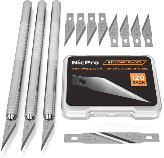 Nicpro 123 PCS Hobby Knife Set, 3 PCS Carving Craft Knife with 120 PCS SK-5 Utility #11 Art Blades Refill, Precision Cutter Craft Kit for Leather Art, Scrapbooking, Foam, Clay, Carving, Scalpel