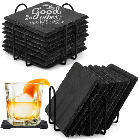 ZOOFOX 16 Pieces Drink Coasters, 4 Inch Square Slate Stone Coaster with 2 Holders, Handmade Coasters Set for Bar Kitchen Home Decor