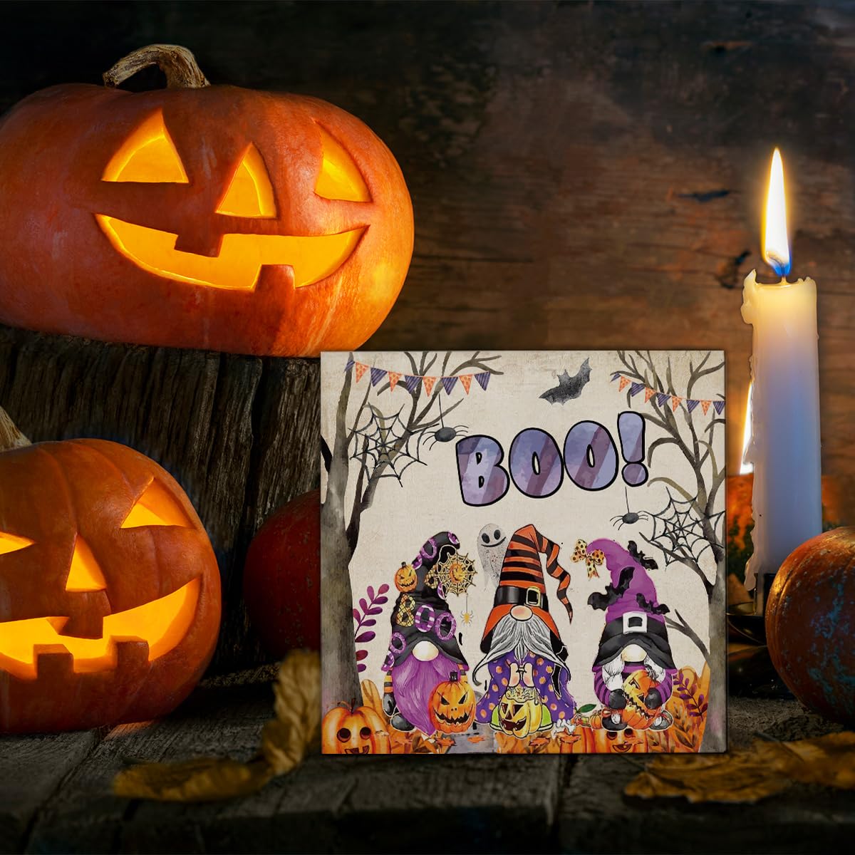 Halloween Decorations, Boo Gnomes Wooden Sign Decor Desk Sign Spooky Pumpkins Wooden Block Sign Halloween Home Decor for Table Shelf 5 x 5 Inch