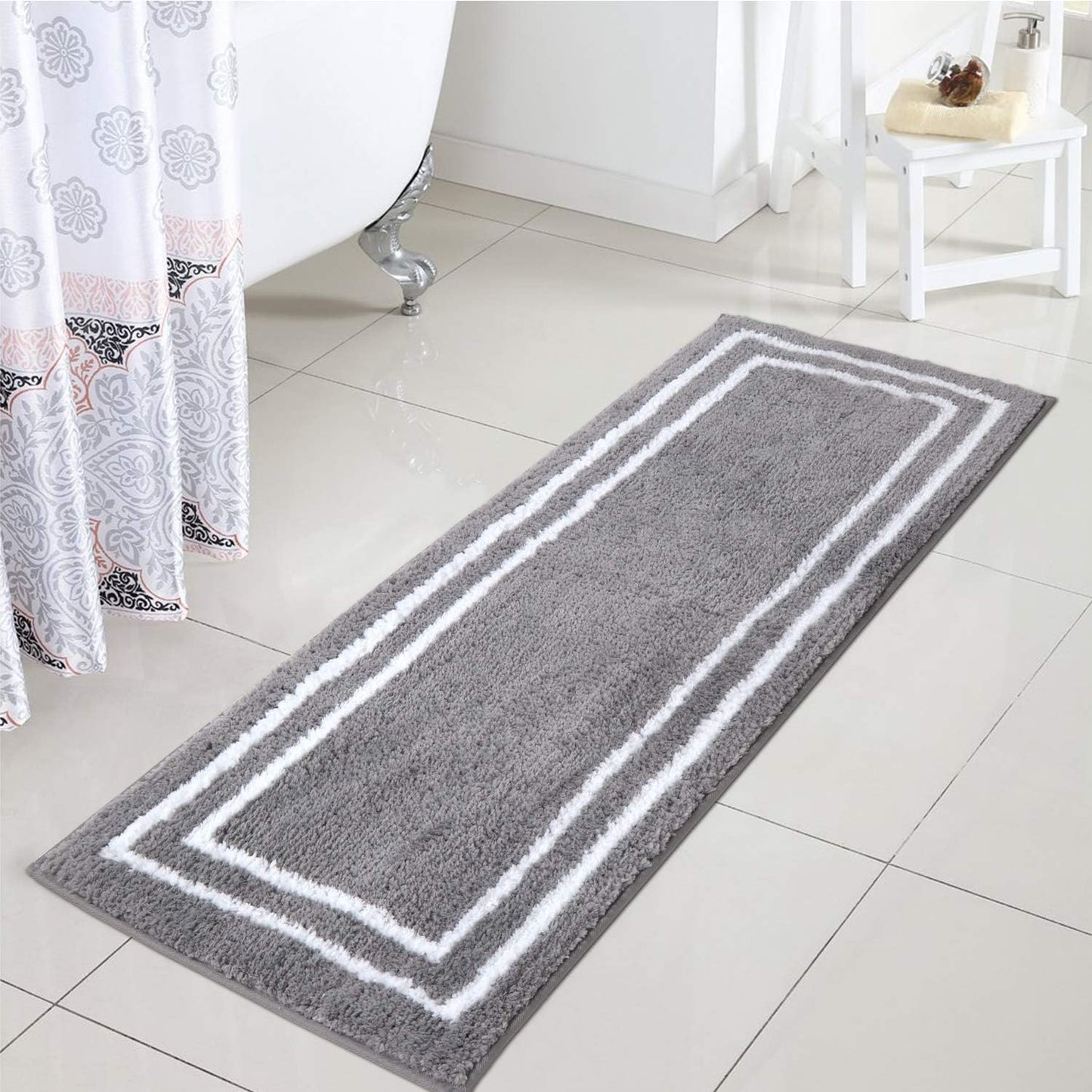 Uphome Bathroom Runner Rug, 18x47 Modern Gray and White Long Bathroom Rug Non Slip Washable, Soft Microfiber Absorbent Bath Mat Runner for Tub, Shower, Floor, Sink