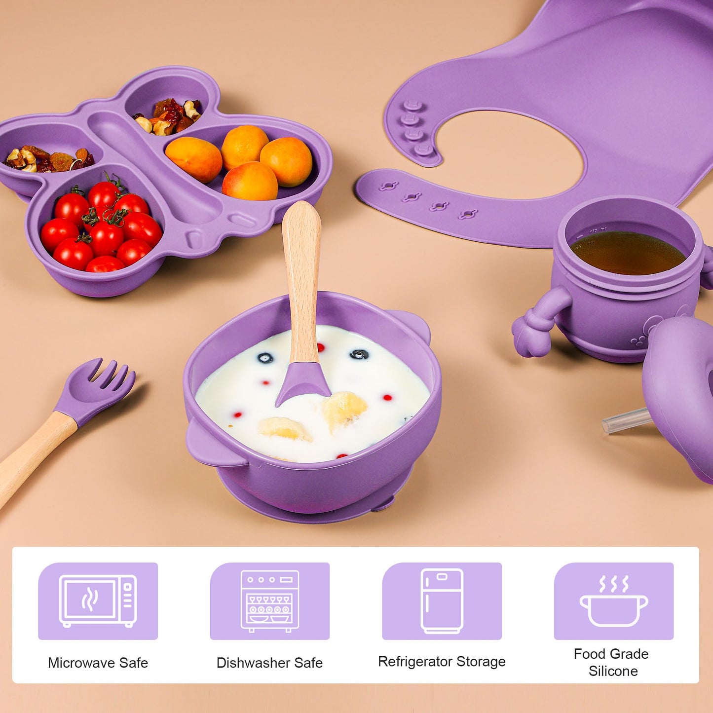 Silicone Baby Feeding Set, Baby Led Weaning Supplies, Silicone Suction Butterfly Plate, Bowl, Spoons, Fork and Waterproof Bib & Cloth Bib, Eating Utensils Baby Feeding Essentials (Purple)