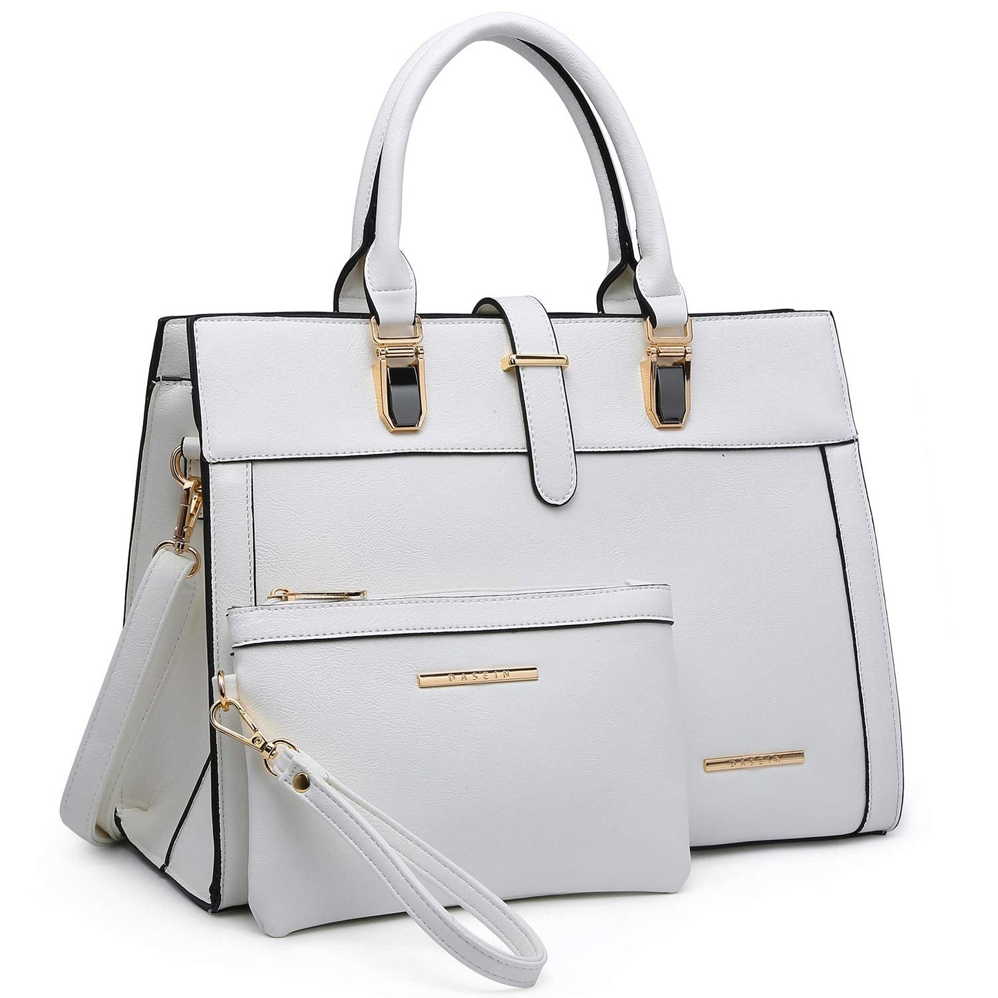Women's Handbag Flap-over Belt Shoulder Bag Top Handle Tote Satchel Purse Work Bag w/Matching Wristlet (White)