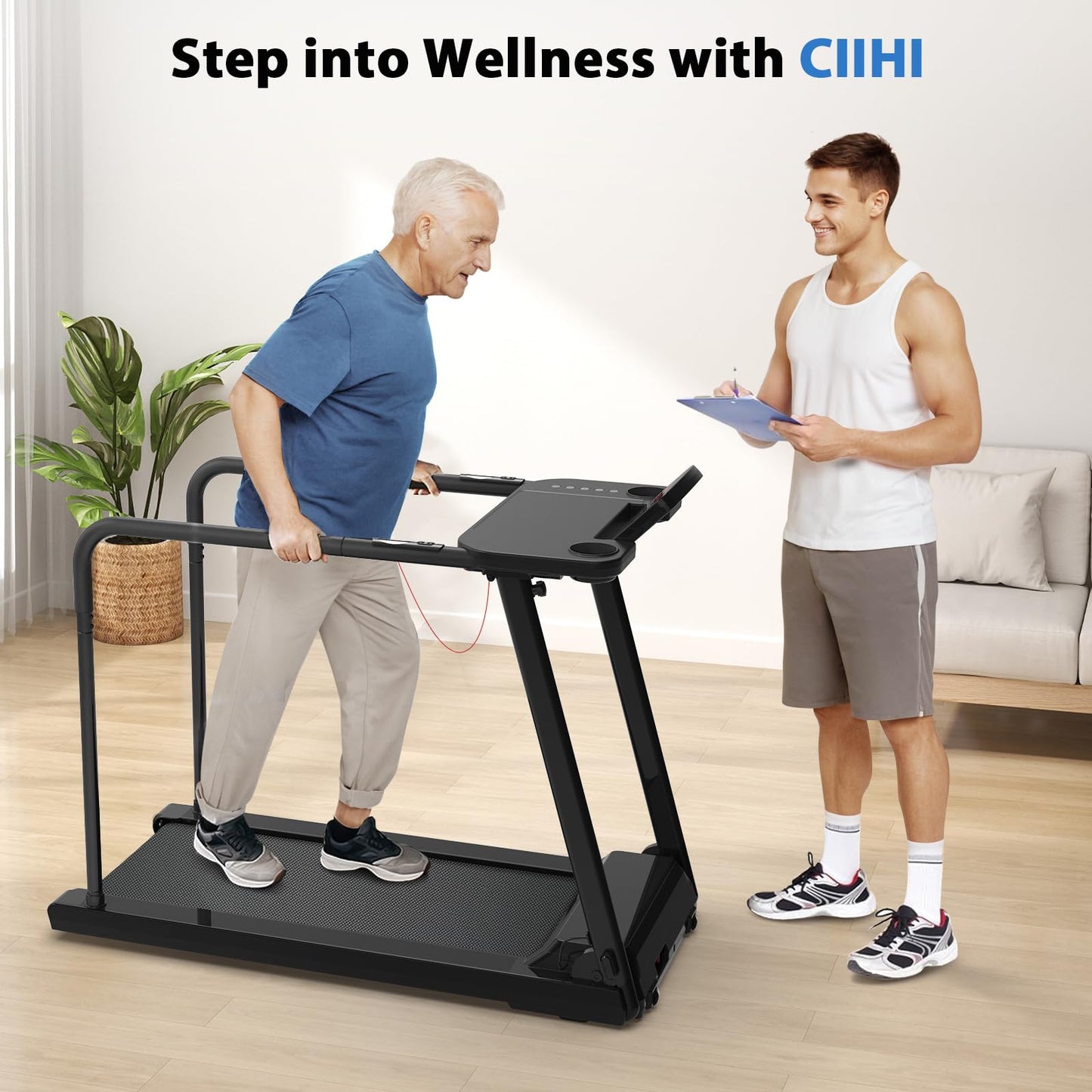 CIIHI Walking Treadmill for Senior - 350 lbs Senior Treadmill for Home with Long Handrails - Recovery Fitness Exercise Machine for Elder with Desk Workstation, Bluetooth Speaker