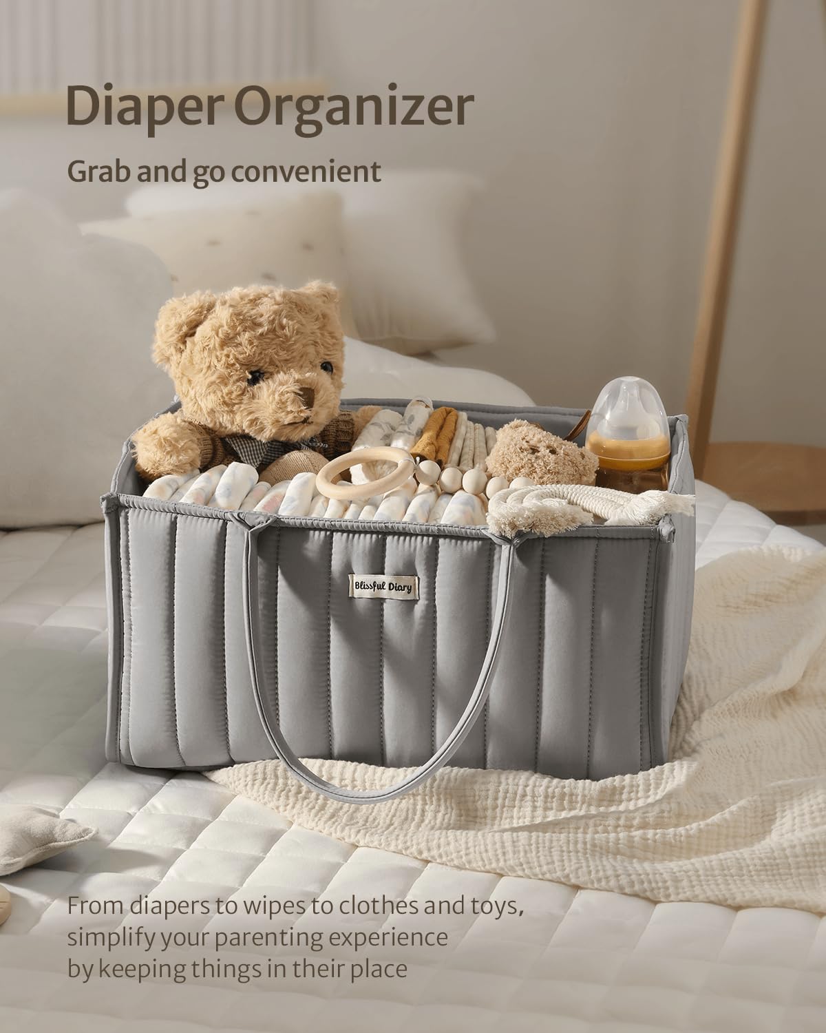 Blissful Diary Baby Diaper Caddy Organizer, Stylish Storage Basket for Newborn Essentials and Diaper Station, Gift for Baby Shower and Registry Must-Have, Light Gray