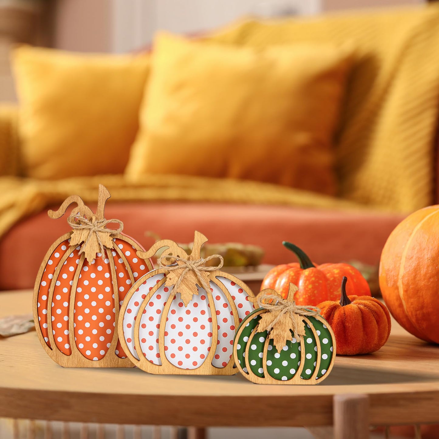 OLANRUN Fall Decorations for Home, 3-Piece Wooden Pumpkin Fall Decor, Autumn Thanksgiving Decorations for Table, Tiered Tray, Mantel, Shelf, Office