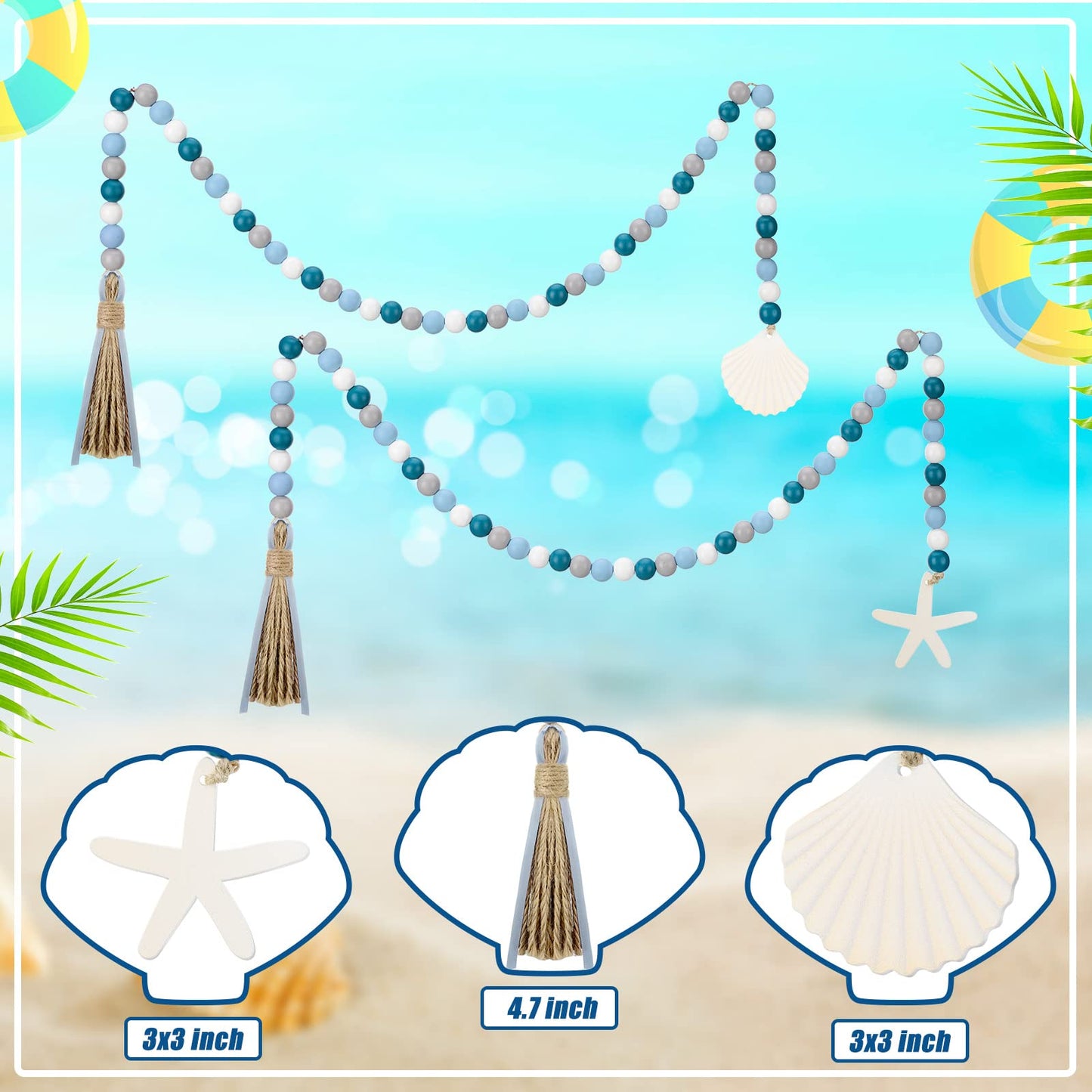 2 Pcs Farmhouse Seashell Bead Garland with Tassels Decorative Beads Decor Nautical Farmhouse Tiered Tray Decorations Set Coastal Garland for Home and Kitchen, Wooden Beads