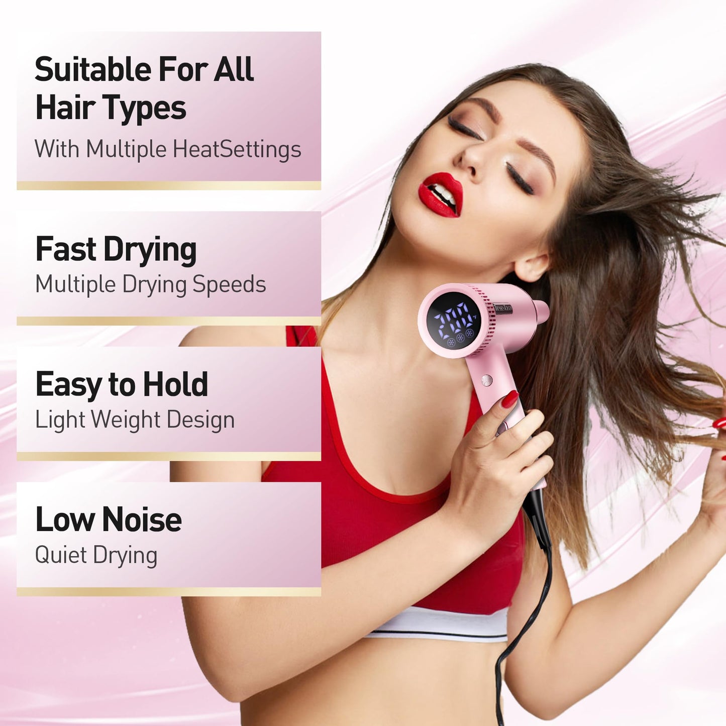 Foldable Hair Dryer, 1600W Professional Ionic Hair Blow Dryer with Nozzle for Women & Men, 3 Temps/3 Speeds, 6.56 Ft Cord, LCD Display, Best for Straight & Wavy Hair, for Home Travel, Pink