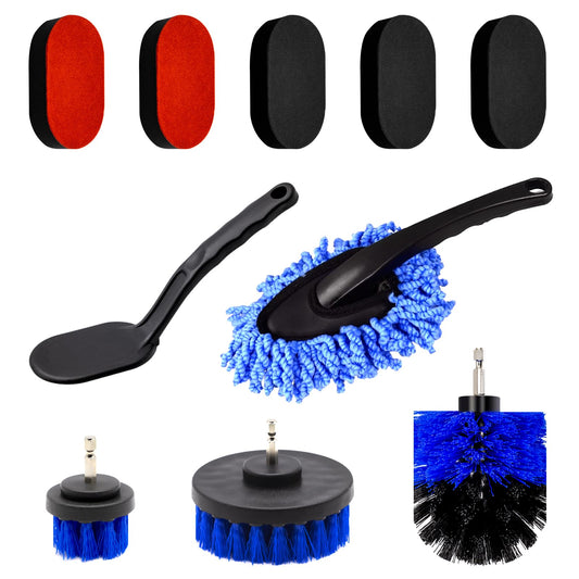 Yauhar 10Pcs Car Detailing Cleaning Tools Kit Contains Tire Dressing Sponge Brush, All Purpose Drill Brush Set Attachment and Microfiber Car Dash Duster Brush for Auto Care
