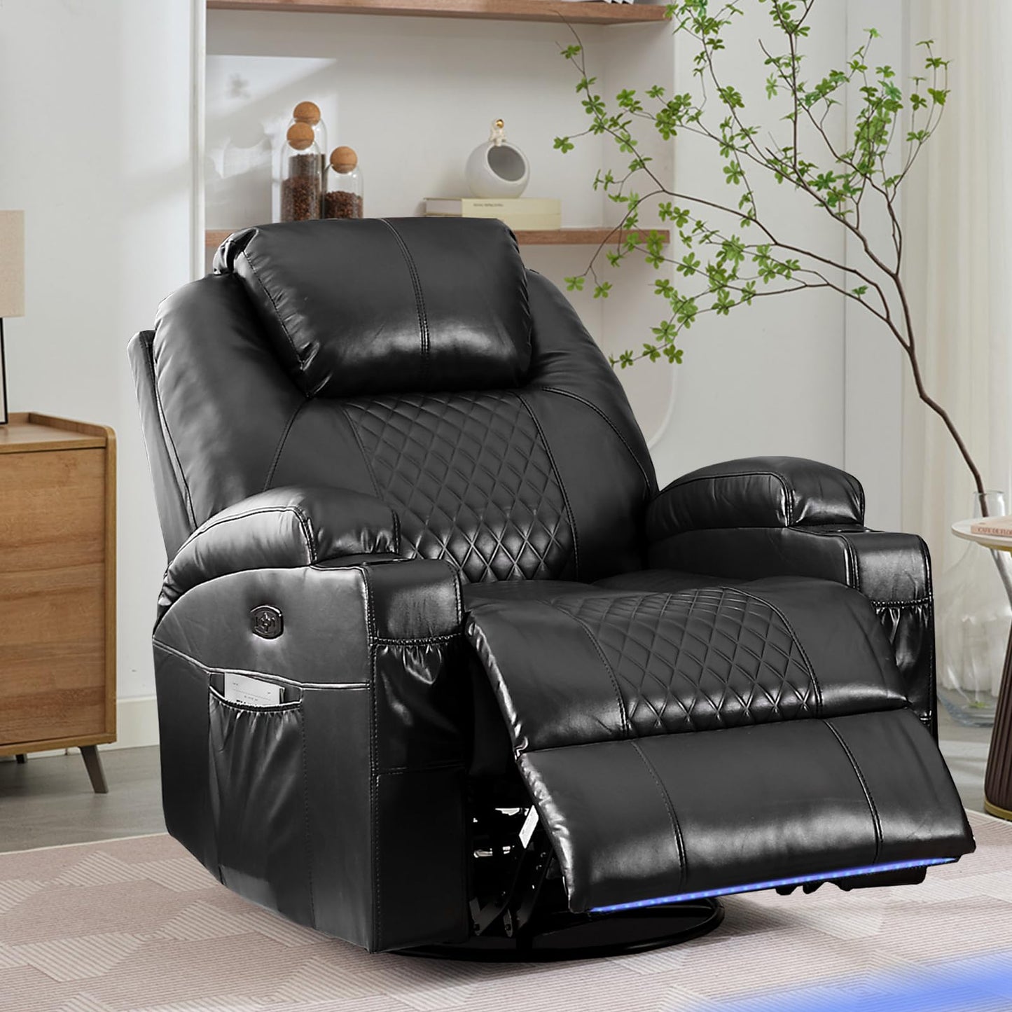 AHMED Power Swivel Rocker Recliner Chair with Massage and Heat, Faux Leather Home Theater Seating with LED Ambient Lighting, Glider Reclining Sofa with Cup Holders for Living Room,Black