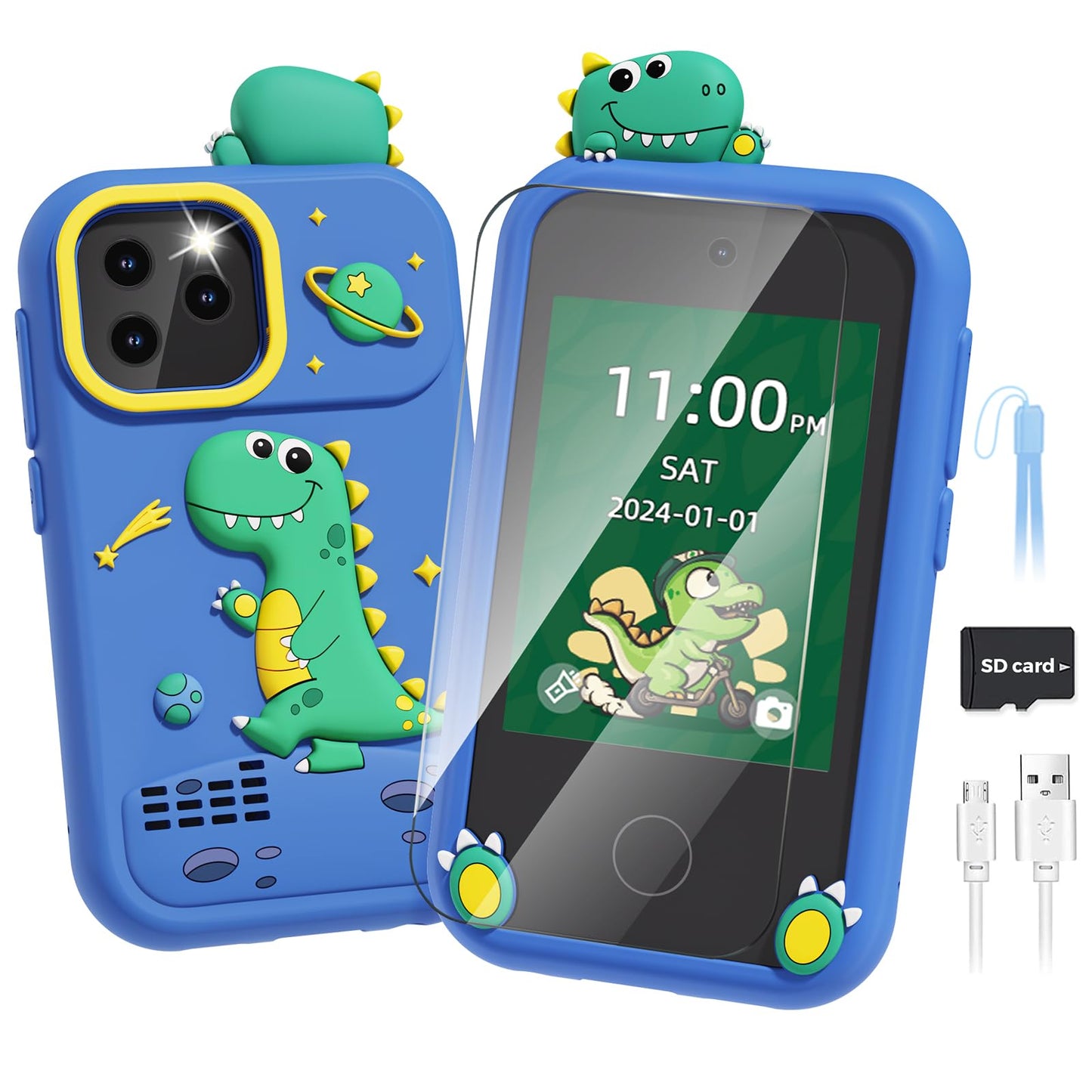 Smart Phone for Kids Toys Age 4-6, Christmas Birthday Gifts Dinosaur Toddler Toys for Boys 5-7, Touchscreen Dual Camera Kids Cell Phone for Boys Age 8-10, with Games,SD Card,Screen Protector
