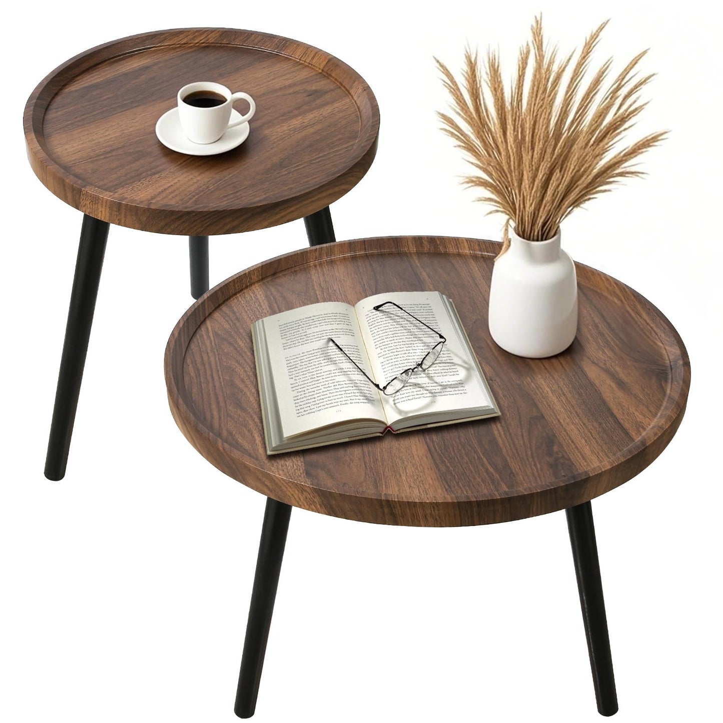 Nesting Coffee Table Set of 2, Modern Round Coffee Tables Nesting Side Table Set, Easy Assembly Nesting Tables for Living Room, Walnut Wood End Tables for Home Office Yard