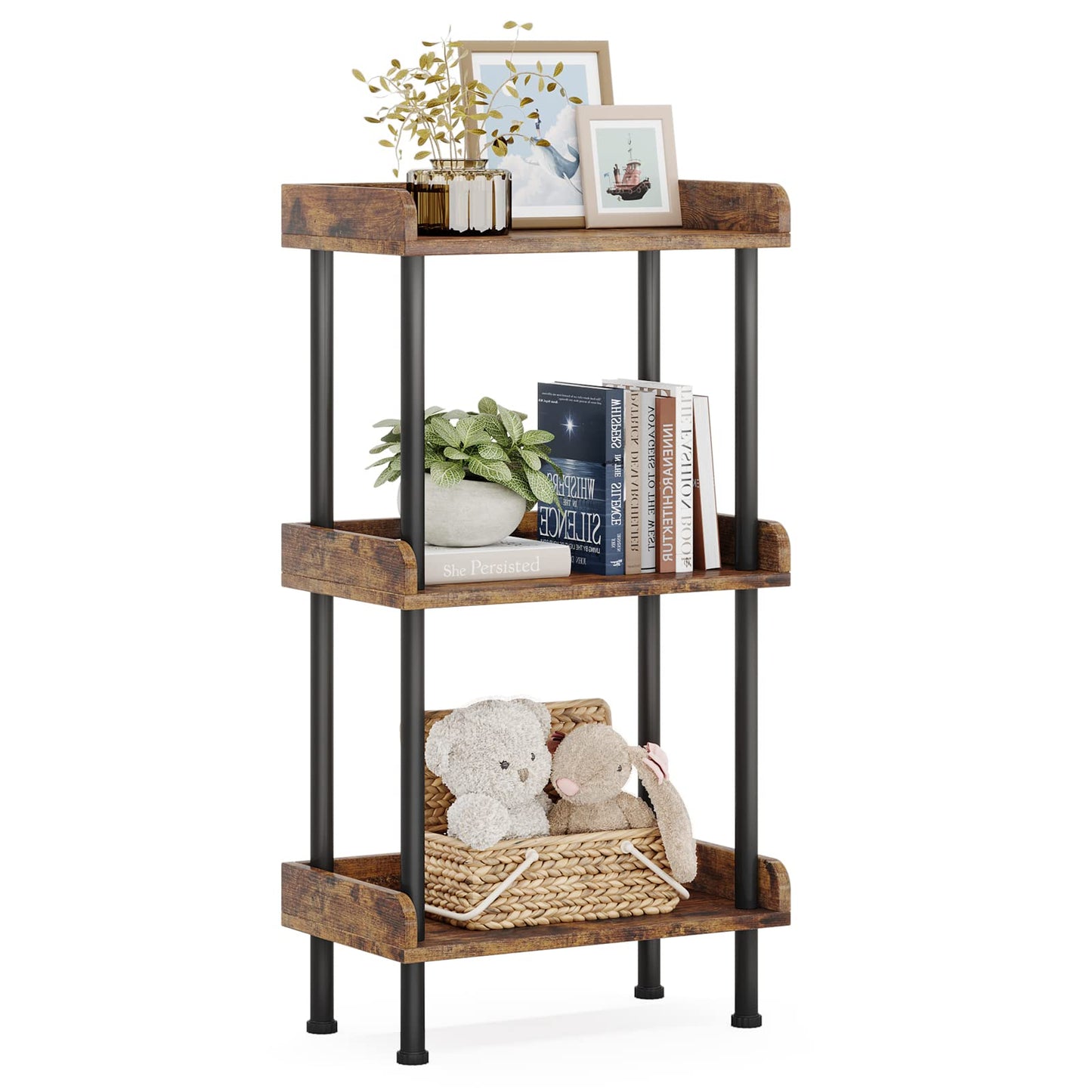 Hosfais Bookshelf Small Book Shelf, 3 Tier Wood Bookcase Industrial Bookshelf Metal Standing Book Shelves Display Book Rack for Living Room Bedroom Home Office (Rustic Brown)