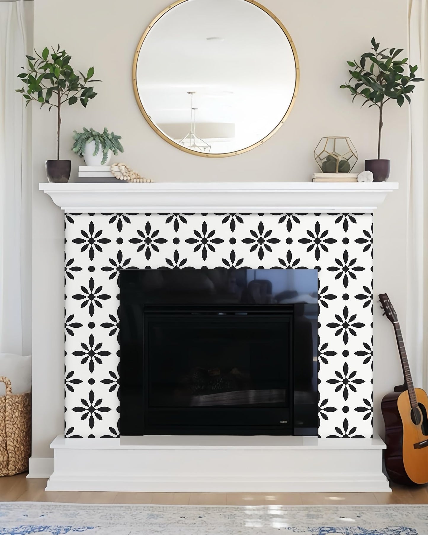 MORCART Peel and Stick Floor Tile - Vinyl Flooring Self Adhesive DIY: Square White+Black Flowers 8" x 8" 20 PCS, Waterproof and Removable Tile Sticker for Kitchen, Bathroom, Staircase FT-1624