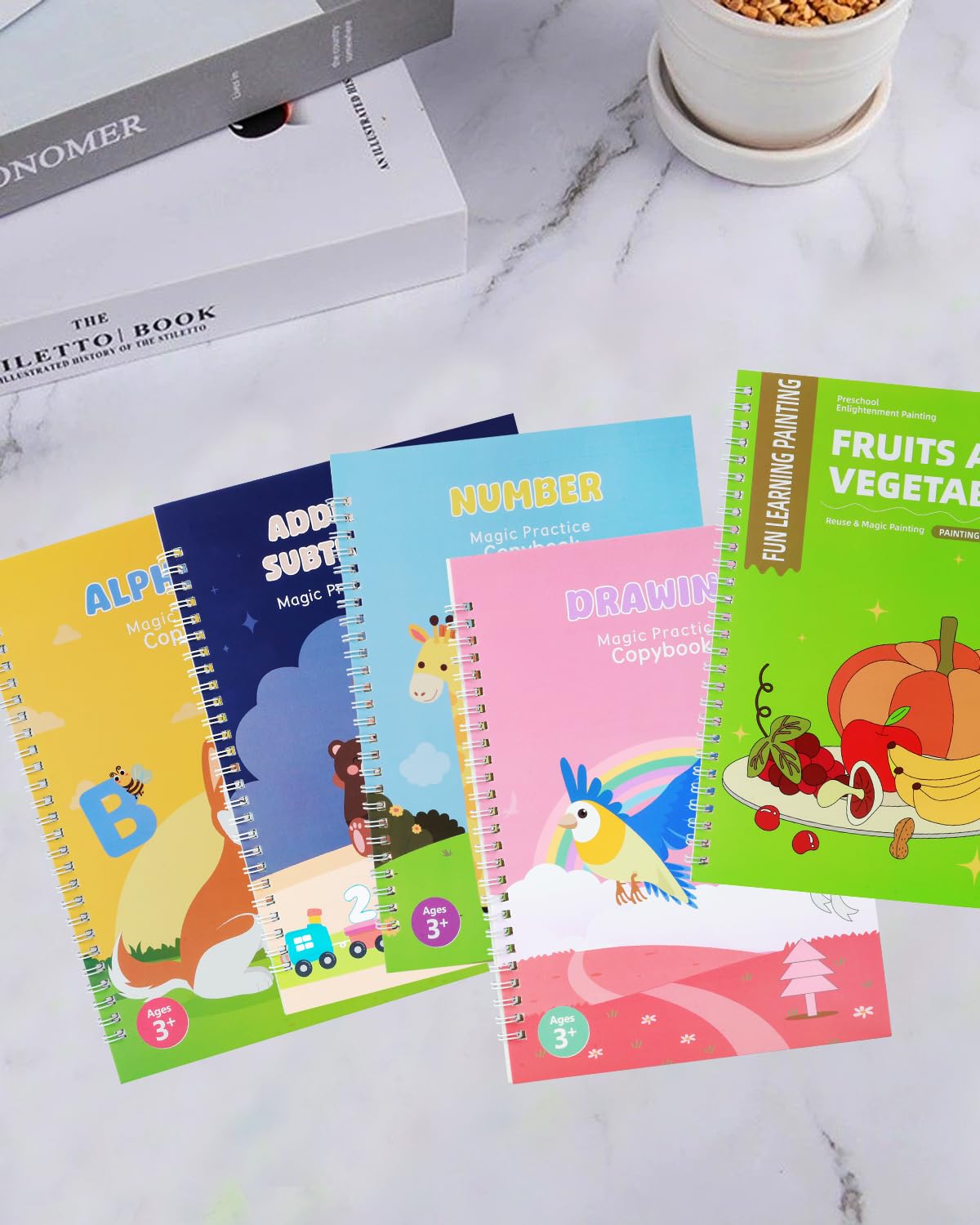 5 Pack Large Magic Workbook Grooved Handwriting Practice Books with Pens - Reusable Copybook Set to Improve Writing Skills - Ideal for Preschool Kindergarten Children Ages 3-8