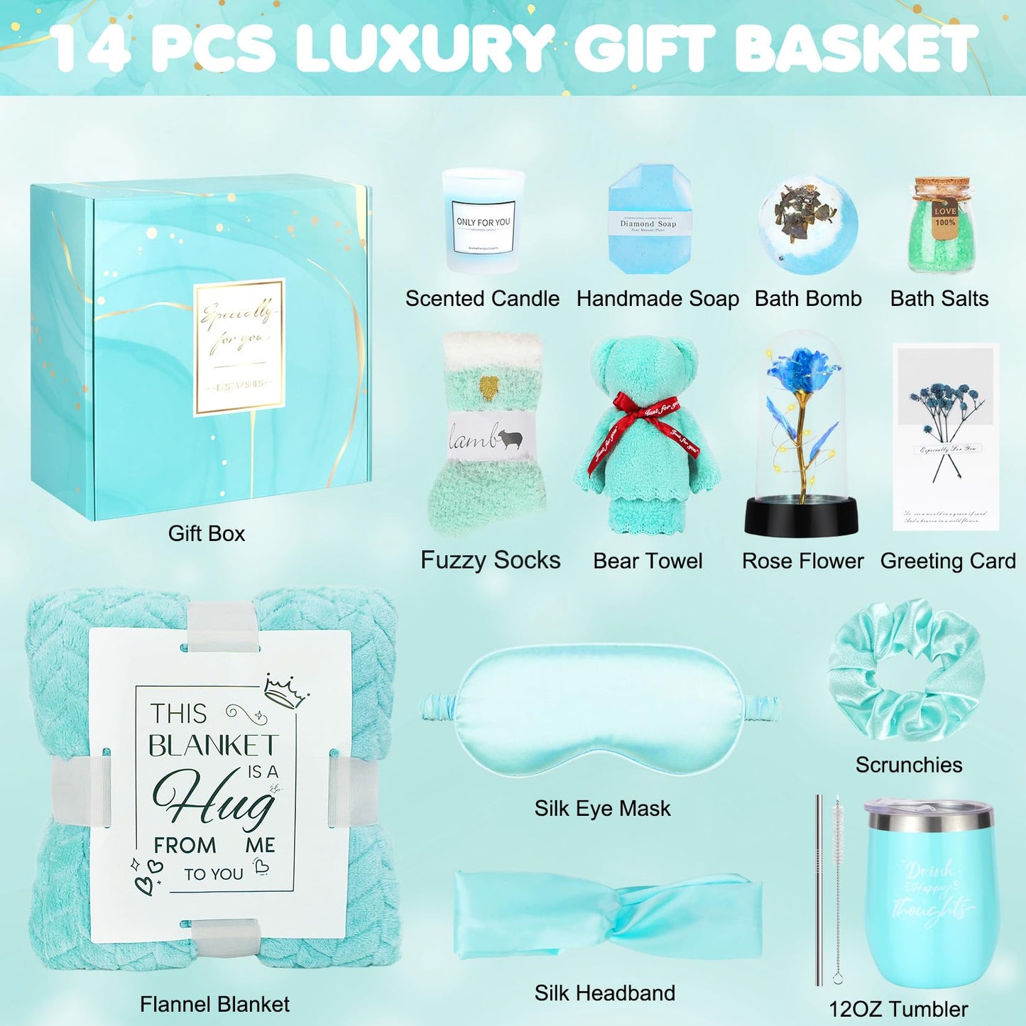 Birthday Gifts for Women, Gift Baskets for Women, Relaxing Spa Gifts Care Package with Luxury Flannel Blanket, Light-Up Rose Flower, Unique Mothers Day Gifts for Mom, Wife, Grandma, Sister, Friends