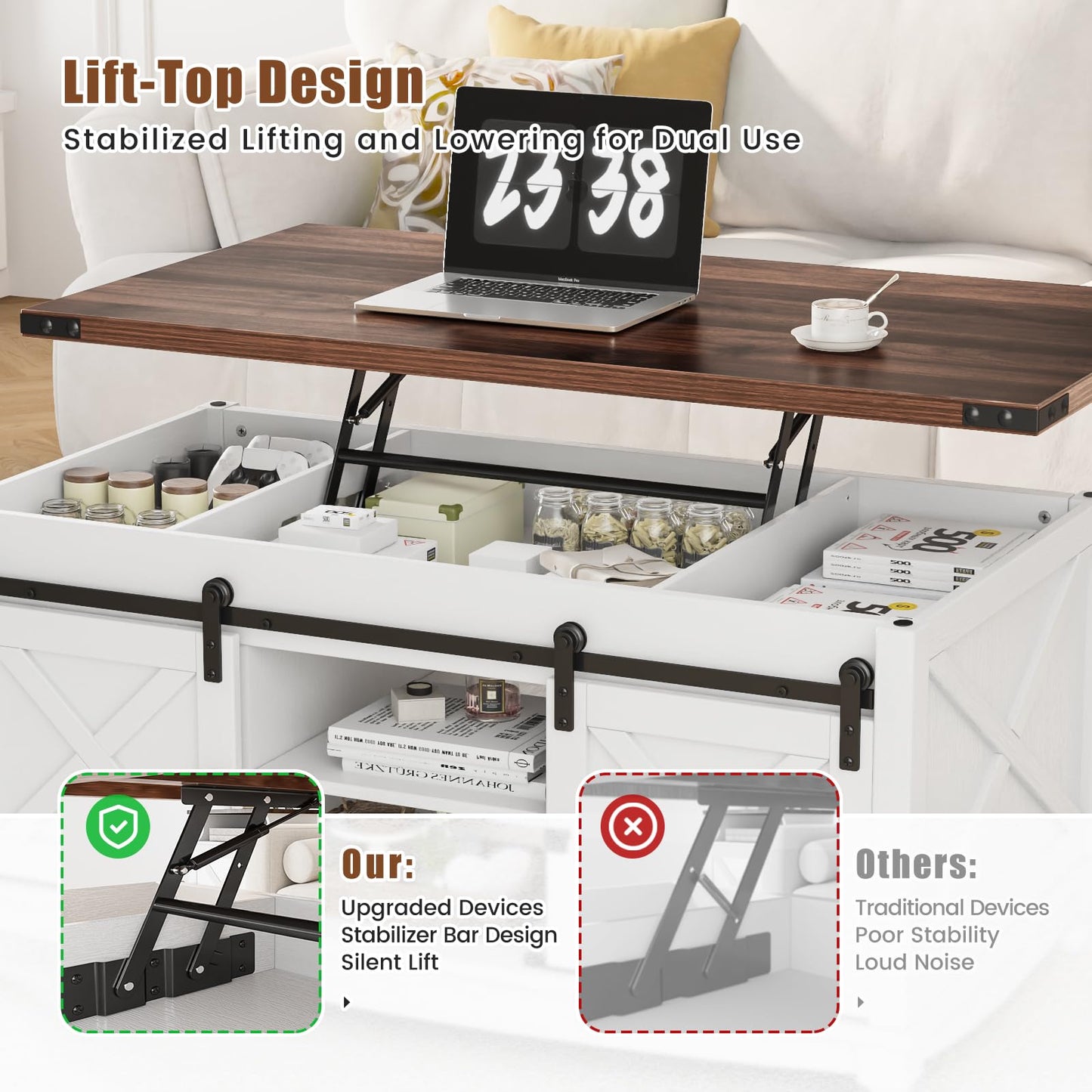 ALLSTAND 48" Farmhouse Lift Top Coffee Table with Storage Sliding Barn Door & Large Hidden Compartment, Coffee Table with Lifting Top with Wooden Lift Tabletop, Coffee Tables for Living Room, White