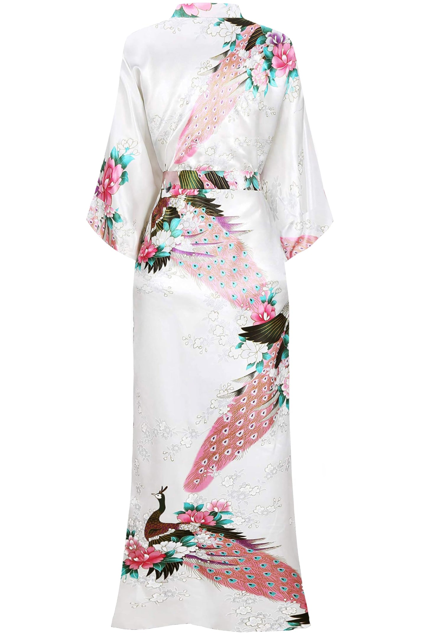BABEYOND Women's Kimono Robe Long Satin Silky Robes with Peacock and Blossoms Printed Kimono Nightgown