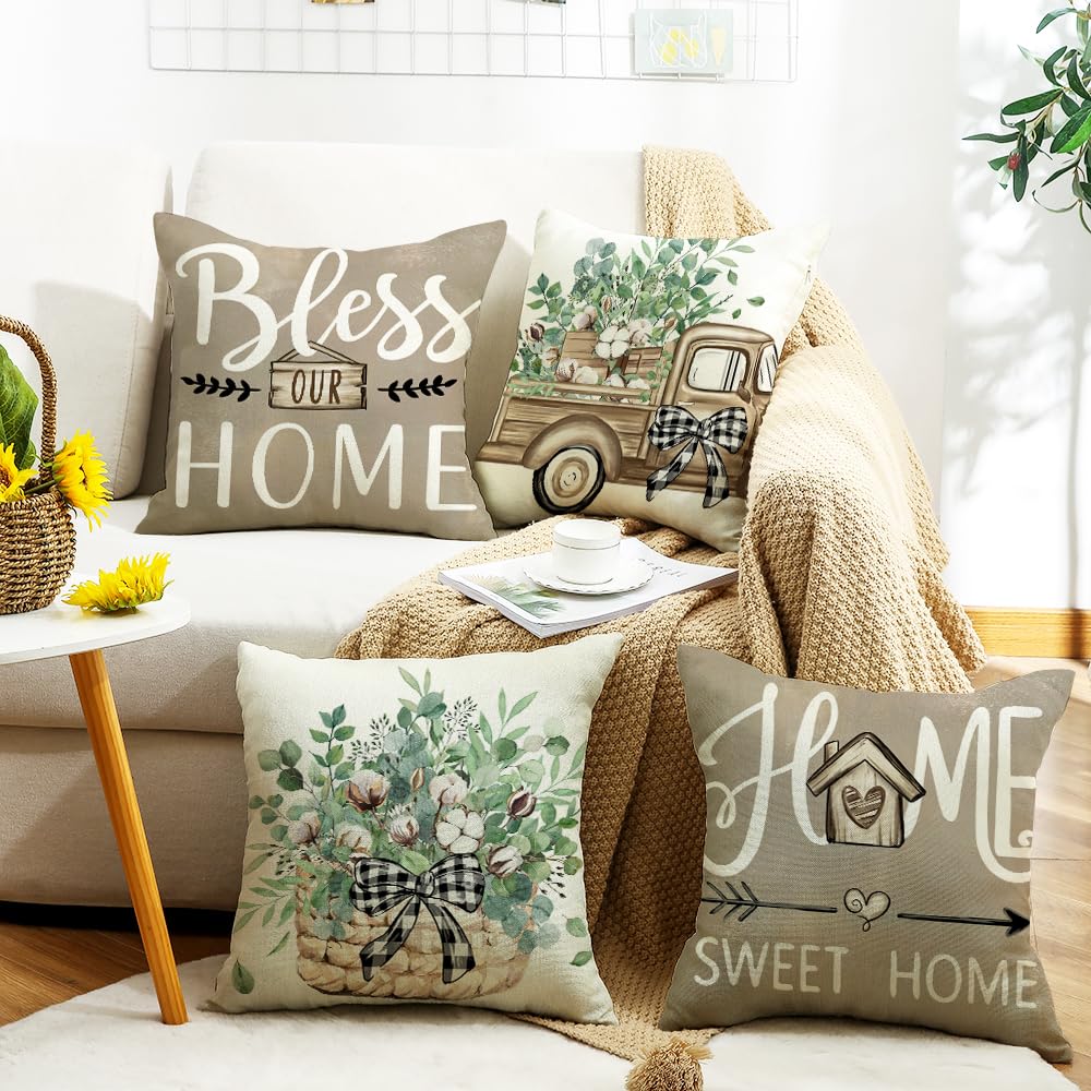 wyooxoo Throw Pillow Covers 18x18 Set of 4 Farmhouse Pillow Covers Home Sweet Home Cushion Cases for Sofa Couch Living Room Outdoor Home Decor