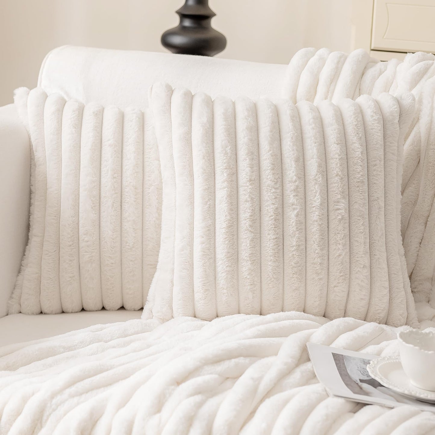 MOSAYT Faux Fur Throw Pillow Covers 18x18, Set of 2, Plush Velvet Soft Pillow Case,Fluffy Striped Decorative Couch Pillow Covers for Sofa, Bedroom, Living Room(White)