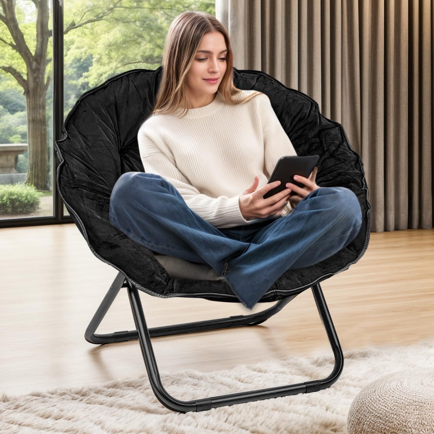 Folding Faux Fur Saucer Chair,Portable Folding Soft Moon Chair for Bedroom, Dorm Rooms, Apartments, Lounging, Garden and Courtyard, Black