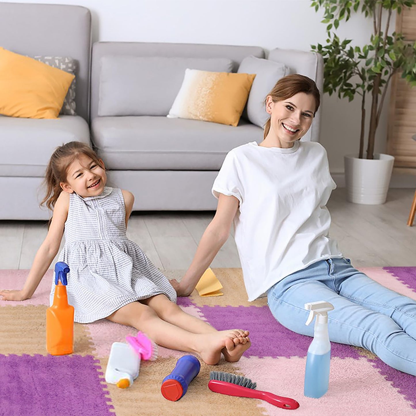 36 Pcs Plush Interlocking Carpet Tiles，Non-Toxic Foam Carpet Tiles for Toddler Baby，Machine-Washable，Anti-Slip，EVA Foam Interlocking Tiles for Floor, Nursery, Playroom，Purple,Light Brown,Pink