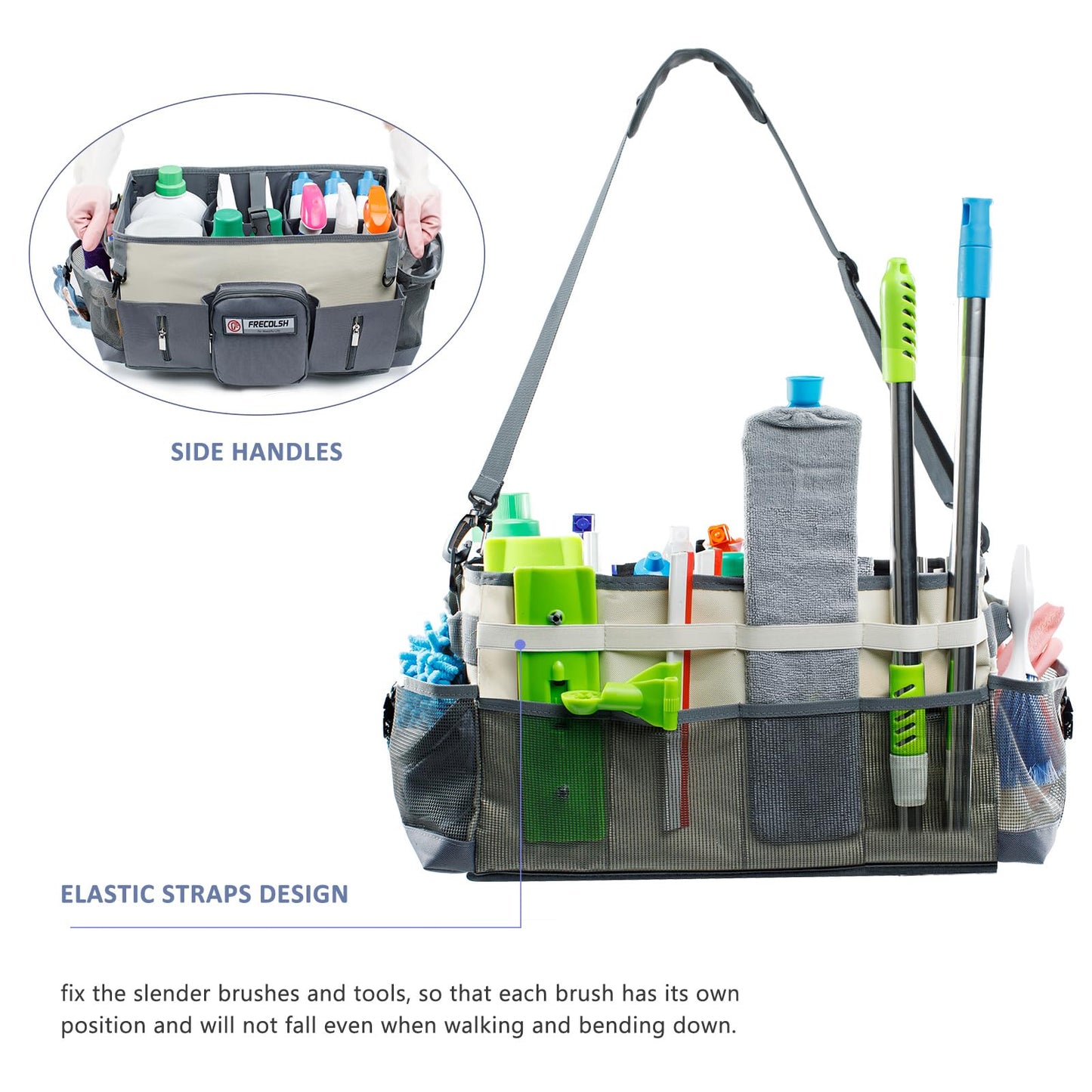 FRECOLSH Large Cleaning Supplies Organizer-Cleaning Caddy Organizer With Handles & Shoulder Strap-Cleaning Bags for Cleaning Suppliers-Housekeepers Wearable Cleaning Tote Upgraded