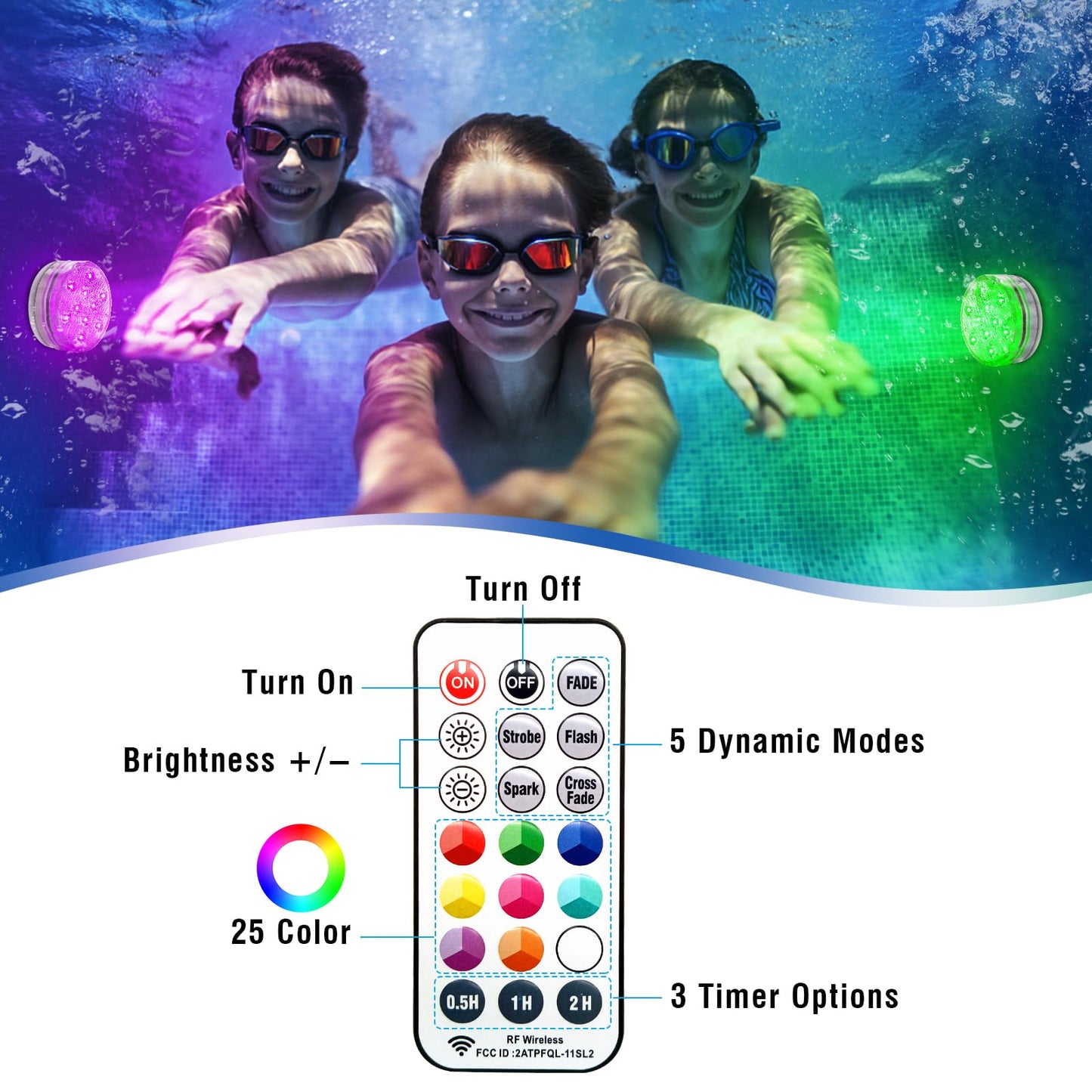 Qoolife Rechargeable Submersible Pool Lights with Remote, Waterproof Underwater Charging Battery Operated Controlled 25 Color Changing LED with Magnet Floating Lights Pool Pond Decoration (2 Pack)