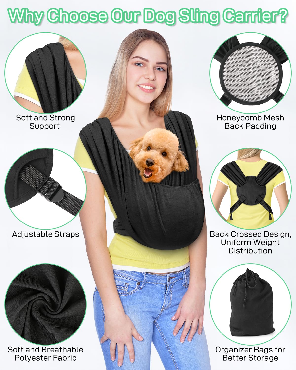 Snqqmtt Dog Sling Swaddle Carrier Small Dog Cat Front Facing Carrier for Chest, Hands Free Puppy Carrying Sling Hold for Small Pet up to 20lbs, Adjustable Size, Reducing Back Stress (Black)