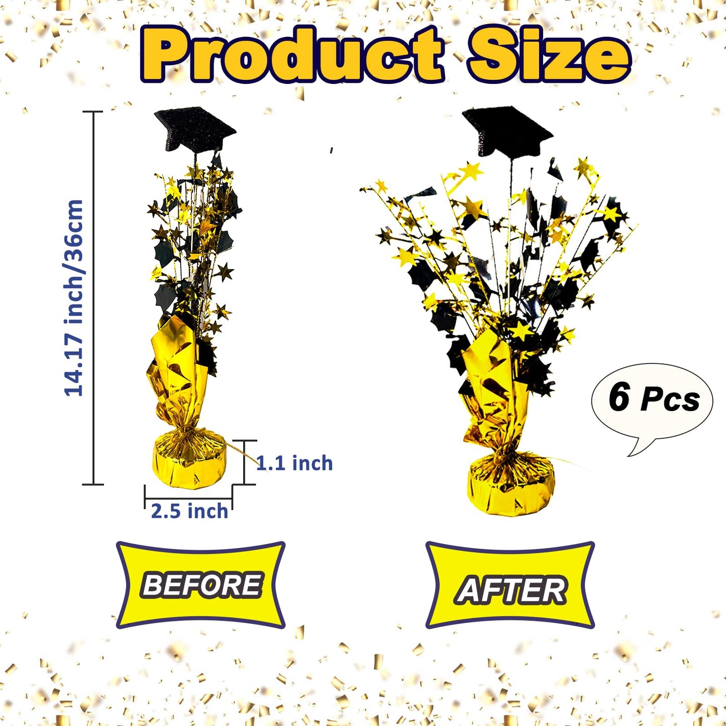 FUBININA 6 Pack 2025 Graduation Table Centerpiece Party Decoration Metallic Foil Spray Glitter Graduate Cap Decor Star Table Top for Graduation Parties Grad Ceremonies Party Favor, Black and Gold